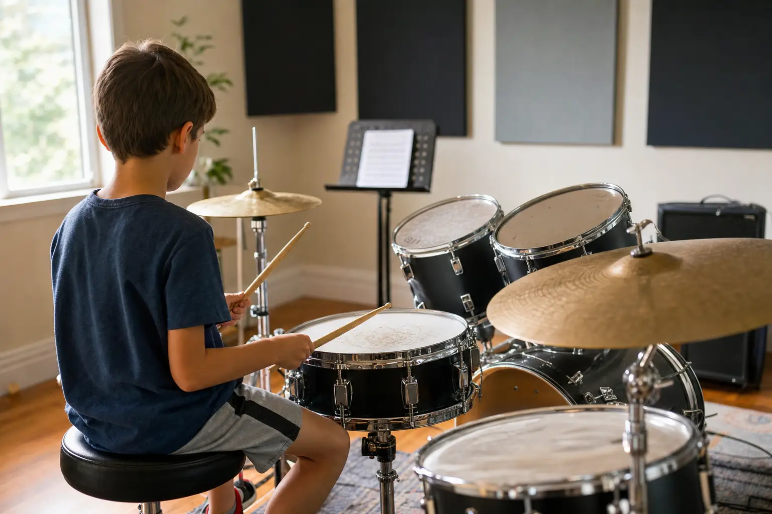 Kind beim Schlagzeugunterricht in Schorndorf konzentriert am Drumset